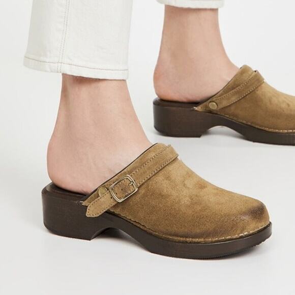New Re/Done 70s Classic Clog 9 Tan Olive Suede Convertible Wood Platform Retro - Picture 1 of 12